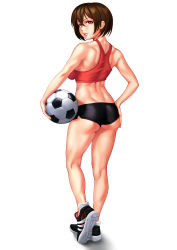 Rule 34 | 1girl, absurdres, ass, back, ball, black footwear, black shorts, brown hair, commentary, from behind, full body, hand on own hip, highres, holding, legendarysoulii, light smile, looking at viewer, looking back, no socks, original, parted lips, purple eyes, red shirt, red sports bra, shirt, shoes, short shorts, shorts, simple background, sneakers, soccer ball, solo, sports bra, sportswear, standing, white background