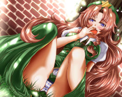 Rule 34 | 1girl, against tree, blue eyes, blush, bow, braid, breasts, brick wall, brown hair, curly hair, flower, grass, hair bow, hat, hong meiling, long hair, open mouth, outdoors, panties, shade, sitting, solo, star (symbol), striped clothes, striped panties, tears, touhou, tree, twin braids, underwear, very long hair, yawning, zan (harukahime)