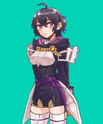 Rule 34 | 1girl, ahoge, blue eyes, blush, fire emblem, fire emblem awakening, fire emblem heroes, gloves, hood, jacket, looking at viewer, morgan (female) (fire emblem), morgan (fire emblem), nintendo, short hair, simple background, smile, solo, thighhighs, tnmrdgr