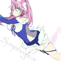Rule 34 | 10s, 1girl, alternate costume, bare legs, bare shoulders, barefoot, blue eyes, corset, long hair, looking at viewer, looking to the side, maria cadenzavna eve, pink hair, rev0lution919, ribbon, senki zesshou symphogear, skirt, solo, title, white skirt