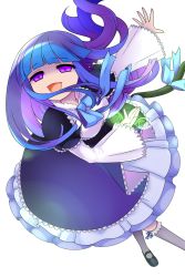 Rule 34 | 1girl, blue hair, blunt bangs, bow, breasts, cat tail, dress, frederica bernkastel, frilled dress, frills, highres, kamaboko red, kneehighs, lolita fashion, long hair, mary janes, open mouth, puffy sleeves, purple eyes, raised eyebrows, ribbon, shoes, smile, socks, solo, tail, tail ornament, tail ribbon, transparent background, umineko no naku koro ni, white socks