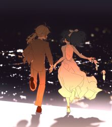 Rule 34 | 1boy, 1girl, backless dress, backless outfit, barefoot, blurry, blurry background, city, dress, formal, from behind, high heels, highres, kurohush, night, original, running, shoes, unworn shoes, smile, suit