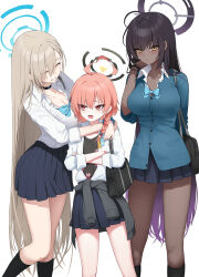 3girls ^_^ absurdres asuna_(blue_archive) black_choker black_hair black_halo black_skirt blue_archive blue_halo braid breasts brown_hair choker cleavage closed_eyes crossed_arms dark-skinned_female dark_skin halo highres icetea_art karin_(blue_archive) large_breasts long_hair mole mole_on_breast multiple_girls neru_(blue_archive) neru_(school_uniform)_(blue_archive) official_alternate_costume pleated_skirt purple_halo red_eyes red_hair school_uniform shirt single_braid skirt solo standing very_long_hair white_background white_shirt yellow_eyes