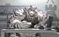 Rule 34 | 1boy, alcohol, animal ears, arknights, artist name, bara, black tank top, chain, claws, commentary, cup, dated, desk, english commentary, furry, furry male, head on hand, holding, holding paper, looking at object, male focus, monitor, mountain (arknights), mug, multiple scars, pants, paper, rhodes island logo (arknights), scar, scar across eye, scar on arm, scar on face, scar on hand, shelf, tank top, tiger boy, tiger ears, tiger stripes, tigerlukke, white pants