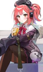 Rule 34 | 1girl, absurdres, ahoge, beret, blush, bow, bowtie, brown eyes, bubble tea, clip studio paint (medium), collared shirt, commission, cup, drinking straw, ear protection, fur trim, girls&#039; frontline, hair bobbles, hair ornament, hat, highres, holding, holding cup, jacket, long hair, long sleeves, looking at viewer, moko (moko/moko), mp7 (girls&#039; frontline), nail polish, off shoulder, open mouth, pantyhose, pink hair, pixiv commission, pleated skirt, ponytail, red hair, shirt, sitting, skirt, solo, white shirt