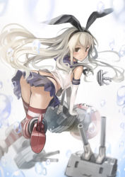 Rule 34 | 10s, 1girl, :3, anchor, ass, blonde hair, blush, brown eyes, elbow gloves, gloves, hairband, kantai collection, lif (lif &amp; ref), long hair, looking at viewer, looking back, personification, rensouhou-chan, shimakaze (kancolle), skirt, striped clothes, striped thighhighs, thighhighs, thong, white gloves
