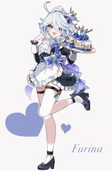 Rule 34 | 1girl, ahoge, alternate costume, apron, black dress, black footwear, blue eyes, blue hair, cake, chaena (exmd3552), character name, crown, dress, drop-shaped pupils, enmaided, food, full body, furina (genshin impact), genshin impact, hair between eyes, heart, heterochromia, high heels, highres, holding, holding plate, light blue hair, long hair, long sleeves, looking at viewer, maid, maid apron, maid headdress, mini crown, mismatched pupils, open mouth, plate, simple background, smile, socks, standing, standing on one leg, symbol-shaped pupils, thigh strap, vision (genshin impact), white apron, white background, white socks