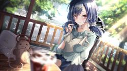Rule 34 | 1girl, absurdres, bag, blue hair, blue shirt, blue skirt, blurry, blurry foreground, blush, commentary request, cup, day, depth of field, doll, drinking straw, hand up, highres, holding, holding own hair, idolmaster, idolmaster shiny colors, long hair, looking at viewer, morino rinze, odecono3, on chair, red eyes, scrunchie, shirt, short sleeves, sitting, skirt, solo, sunlight, swept bangs, table, tree, twintails
