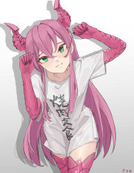 Rule 34 | dragon girl, dragon horns, fangs, flat chest, green eyes, highres, horns, japanese clothes, japanese text, long hair, long t-shirt, looking at viewer, meikyuu black company, pink hair, pointy ears, raised hands, red pupils, rimu (meikyuu black company), rongitsune, scale thigh highs, shirt, smile, t-shirt, long shirt, thighhighs, translation request, very long hair, wide hips