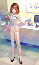 Rule 34 | 1girl, black footwear, brown hair, commentary request, formal, fuzichoco, hair ornament, hairclip, high heels, highres, indoors, jacket, jewelry, looking at viewer, multicolored eyes, nebasei kokoro, necklace, open mouth, pants, rohto seiyaku, short hair, standing, suit, suit jacket, virtual youtuber, wristband