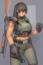 Rule 34 | 1girl, absurdres, armor, belt, belt buckle, beretta 92, black belt, black hair, brown eyes, buckle, clenched hand, commentary, english commentary, facial scar, gloves, grey background, grey gloves, grey pants, gun, hair between eyes, handgun, highres, holding, holding gun, holding weapon, kelvin hiu, long hair, looking at viewer, midriff, multiple scars, navel, original, pants, parted lips, scar, scar on cheek, scar on face, short sleeves, shotgun, simple background, solo, standing, trigger discipline, weapon, weapon on back