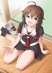 Rule 34 | 10s, 1girl, ahoge, bare legs, barefoot, blue eyes, braid, commentary request, feet, hair flaps, hair ornament, hair over shoulder, kantai collection, long hair, looking at viewer, porch, school uniform, shigure (kancolle), shigure kai ni (kancolle), single braid, sitting, smile, solo, tatami, yammy y, yokozuwari