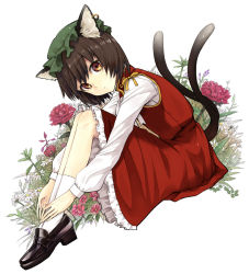 Rule 34 | 1girl, animal ears, bad id, bad nicoseiga id, brown hair, cat ears, cat girl, cat tail, chen, dekappara futoriusu, earrings, female focus, floral background, flower, full body, hands on feet, jewelry, loafers, medio, multiple tails, nekomata, plantar flexion, red eyes, shoes, short hair, sitting, solo, tail, touhou