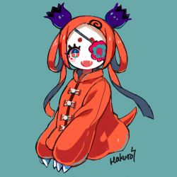 Rule 34 | 1girl, blue flower, cropped torso, eyepatch, fangs, flower, hakuro96, long hair, long sleeves, looking at viewer, open mouth, original, puffy long sleeves, puffy sleeves, red hair, short eyebrows, signature, smile, solo, tail, upper body