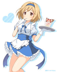 Rule 34 | 10s, 1girl, alternate costume, apron, bare legs, blonde hair, blue hairband, blue skirt, breasts, brown eyes, commentary request, djeeta (granblue fantasy), enmaided, finger to mouth, food, frilled apron, frilled skirt, frills, gloves, granblue fantasy, hairband, heart, kaiware-san, maid, maid apron, puffy short sleeves, puffy sleeves, sash, short hair, short sleeves, skirt, small breasts, smile, solo, thighs, tray, twitter username, waist apron, white gloves, wrist cuffs