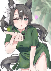 Rule 34 | 1girl, alternate costume, animal ears, black hair, blowing kiss, blush, breasts, china dress, chinese clothes, commentary request, cowboy shot, dress, ear ornament, ekazawa sdvx, green dress, green eyes, hair between eyes, highres, horse ears, horse girl, horse tail, leaning forward, long hair, looking at viewer, medium breasts, multicolored hair, open mouth, ponytail, puffy short sleeves, puffy sleeves, satono crown (umamusume), short sleeves, solo, streaked hair, tail, umamusume, white hair
