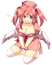 Rule 34 | 1girl, :3, blue eyes, blush, breasts, cleavage, hair bobbles, hair ornament, hat, large breasts, long hair, looking up, matatabi maru, nurse, nurse cap, original, pink hair, sitting, smile, thighhighs, twintails, two side up, white thighhighs, wings