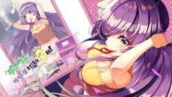 Rule 34 | 1girl, adjusting hair, artist request, breasts, cleavage, cosmetics, date a live, dutch angle, indoors, izayoi miku, large breasts, lipstick, long hair, makeup, mirror, navel, purple hair, tank top, yellow tank top