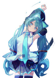 Rule 34 | 1girl, :3, ahoge, animal ears, arm behind head, arrow (symbol), black skirt, blue eyes, blue hair, blue nails, blue necktie, blue trim, blush, cat ears, cat girl, closed mouth, collared shirt, curly hair, detached sleeves, fingernails, hair between eyes, hair ornament, hatsune miku, headset, highres, leaning to the side, long hair, long sleeves, looking at viewer, mihoranran, nail polish, navel, necktie, pleated skirt, shirt, simple background, skirt, solo, solo focus, standing, stretching, tail, thighhighs, twintails, vocaloid, white background, white shirt, wide sleeves