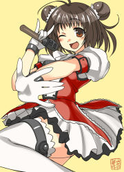 Rule 34 | 10s, 1girl, antenna hair, brown eyes, brown hair, double bun, gloves, hair bun, kantai collection, leg up, looking at viewer, microphone, music, naka (kancolle), one eye closed, outstretched arm, puffy short sleeves, puffy sleeves, short hair, short sleeves, simple background, singing, solo, standing, standing on one leg, takeda aranobu, thighhighs, v, white gloves, white thighhighs, wink, yellow background