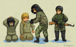 Rule 34 | &gt;o&lt;, 4girls, ak-47, akm, assault rifle, black hair, blonde hair, blue eyes, boots, braid, brown eyes, camouflage, cyborg, flick-the-thief, full body, gender request, genderswap, gloves, grin, gun, hands on own head, helmet, historical event, kalashnikov rifle, kneeling, knife, load bearing vest, military, military uniform, multiple girls, open mouth, real life, rifle, russian text, scared, shouting, signature, simple background, smile, tears, ukrainian flag, ukrainian text, uniform, weapon