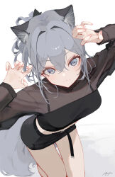 Rule 34 | 1girl, :3, absurdres, animal ear fluff, animal ears, arms up, black camisole, black skirt, blush, breasts, brown shirt, camisole, camisole over clothes, closed mouth, commentary request, covered collarbone, crop top, grey eyes, grey hair, hair between eyes, hair intakes, highres, long sleeves, looking at viewer, mayogii, midriff, original, pink nails, puffy long sleeves, puffy sleeves, shirt, signature, skirt, small breasts, solo, tail, white background