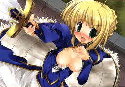 Rule 34 | 00s, 1girl, :o, ahoge, armor, artoria pendragon (all), artoria pendragon (fate), blonde hair, blush, breasts, breasts out, dress, dutch angle, embarrassed, excalibur (fate/stay night), fate/stay night, fate (series), fighting stance, from above, grass, green eyes, hair bun, highres, nipples, no bra, open clothes, open mouth, open shirt, ribbon, saber (fate), shirt, short hair, single hair bun, solo, splush wave, sword, turtleneck, weapon