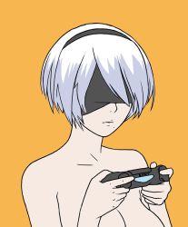 Rule 34 | 1girl, blindfold, controller, dualshock, game console, game controller, gamepad, handheld game console, mole, mole under mouth, nier (series), nier:automata, nude, platinum blonde hair, playstation controller, playstation portable, short hair, sino (mechanized gallery), solo, upper body, 2b (nier:automata)