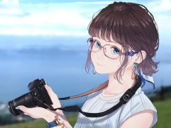 Rule 34 | 1girl, aqua eyes, bad id, bad pixiv id, blurry, blurry background, bracelet, brown hair, camera, earrings, from side, glasses, highres, holding, holding camera, jewelry, looking at viewer, mole, mole under mouth, nail polish, original, outdoors, portrait, saitou (lynx-shrike), short hair, solo, watch, wristwatch