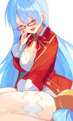 Rule 34 | 1girl, absurdres, blue hair, breasts, buran buta, cleavage, closed eyes, glasses, hair ornament, happy, highres, jacket, long hair, low-tied long hair, low twintails, medium breasts, neptune (series), nishizawa mina, open mouth, puffy sleeves, red-framed eyewear, red jacket, simple background, sitting, smile, solo, thighhighs, twintails, very long hair, white background, white thighhighs