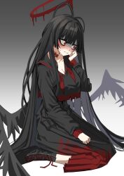 Rule 34 | 1girl, absurdly long hair, absurdres, bags under eyes, black footwear, black hair, black serafuku, black wings, blood, blood halo, blue archive, blunt bangs, blush, boots, breasts, cleavage, commentary request, feathered wings, gradient hair, grey background, halo, hand on own face, highres, large breasts, liquid halo, long hair, long skirt, looking down, low wings, melting halo, msonyeo15, multicolored hair, neckerchief, red eyes, red halo, school uniform, seiza, serafuku, shirt overhang, sitting, skirt, solo, sweatdrop, torn clothes, tsurugi (blue archive), undone neckerchief, very long hair, white background, wings