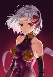 Rule 34 | 1girl, absurdres, bad id, bad pixiv id, bare shoulders, breasts, collarbone, commentary request, detached sleeves, dress, earrings, fate/grand order, fate (series), hair between eyes, hair ribbon, highres, jewelry, kama (fate), kama (first ascension) (fate), kian, looking at viewer, medium breasts, purple dress, purple sleeves, red eyes, red ribbon, ribbon, short hair, silver hair, solo, upper body