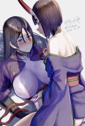 Rule 34 | 2girls, black hair, blush, bob cut, bodysuit, breasts, dated, fate/grand order, fate (series), girl on top, horns, impossible bodysuit, impossible clothes, japanese clothes, kimono, large breasts, long hair, makeup, mascara, medium hair, minamoto no raikou (fate), multiple girls, off shoulder, parted bangs, purple eyes, purple kimono, rope, short kimono, shuten douji (fate), signature, skin-covered horns, smile, titiduki (manman-ya), twitter username, wide sleeves, yuri