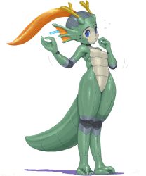 Rule 34 | 10s, 1girl, 2012, animal ears, aqua (copyright), blue eyes, colored skin, d2s1, dragon ears, dragon tail, female focus, full body, green skin, highres, hip focus, horns, original, robot, slit pupils, solo, standing, tail, white background, wide hips