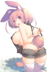 Rule 34 | 1girl, animal ears, areola slip, ass, bare back, bare shoulders, black sweater, breasts, brown hair, large breasts, looking at viewer, looking back, meme attire, mutsuno hekisa, open mouth, original, purple eyes, rabbit ears, rabbit tail, short hair, sideboob, simple background, smile, solo, sweater, tail, thighhighs, untying, virgin killer sweater, white background, white thighhighs