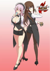 Rule 34 | 2girls, artist request, ass, blush, bow, bowtie, breasts, brown hair, card, card game, cleavage, company connection, headphones, high heels, large breasts, legs, long hair, long legs, looking at viewer, looking back, makise kurisu, microskirt, multiple girls, nitroplus, nitroplus card masters, no bra, pantyhose, pink hair, purple eyes, red eyes, shoes, side slit, simple background, skirt, smile, steins;gate, super sonico, thighs