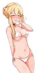 Rule 34 | 1girl, arm behind back, bare shoulders, bikini, black choker, blonde hair, blush, bow, breasts, choker, clarice (idolmaster), cleavage, closed eyes, collarbone, covered erect nipples, cowboy shot, dot nose, flying sweatdrops, folded ponytail, hair bow, hair ribbon, hand on own cheek, hand on own face, hand up, highres, idolmaster, idolmaster cinderella girls, idolmaster cinderella girls starlight stage, large breasts, long hair, navel, open mouth, pendant choker, pink ribbon, raindrop746079, ribbon, shy, side-tie bikini bottom, sidelocks, simple background, smile, solo, standing, sweat, swimsuit, underboob, white background