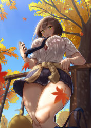 Rule 34 | 1girl, against railing, ahoge, autumn leaves, azur lane, baltimore (after-school ace) (azur lane), baltimore (azur lane), black necktie, blouse, blush, braid, breasts, brown hair, bursting breasts, cardigan, cardigan around waist, cleavage, clothes around waist, collared shirt, commentary request, cowboy shot, curvy, dappled sunlight, falling leaves, french braid, from below, hair between eyes, highres, large breasts, leaf, looking at viewer, maku ro, manjuu (azur lane), necktie, open mouth, railing, shade, shirt, shirt tucked in, short hair, sidelocks, solo, standing, sunlight, tan, teeth, thick thighs, thighs, upper teeth only, white shirt, yellow eyes