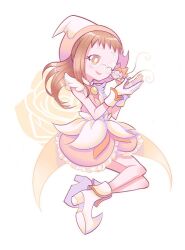 Rule 34 | 1girl, boots, brown eyes, brown hair, chinese commentary, commentary request, dress, fairy, flower, frilled dress, frills, fujiwara hazuki, full body, glasses, greenriverknight, hat, high heel boots, high heels, holding, long hair, magical girl, ojamajo doremi, one eye closed, open mouth, pointy footwear, rere (ojamajo doremi), rose, round eyewear, short bangs, sitting, smile, solo, white background, white dress, white footwear, white hat, witch hat