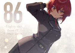 Rule 34 | 1girl, 86 -eightysix-, arm up, belt, black belt, black shirt, buttons, closed mouth, collared shirt, copyright name, double-breasted, hair between eyes, hand in own hair, kurena kukumila, military, military uniform, necktie, red hair, red necktie, shirabi, shirt, short hair, uniform, yellow eyes