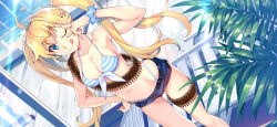 Rule 34 | 1girl, ;q, ahoge, ammunition, ammunition belt, beach chair, bikini, blonde hair, blue eyes, breasts, day, denim, denim shorts, feet out of frame, from above, front-tie top, grisaia (series), grisaia chronos rebellion, halterneck, hand on own hip, light rays, long hair, matsushima michiru, medium breasts, navel, official art, one eye closed, scrunchie, short shorts, shorts, smile, solo, standing, striped bikini, striped clothes, swimsuit, tongue, tongue out, twintails, watanabe akio, wrist scrunchie