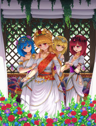 Rule 34 | 4girls, alternate costume, alternate hairstyle, ancient greek clothes, apple, bare shoulders, basket, blonde hair, blue eyes, blue flower, blue hair, blush, bracelet, breasts, dress, earrings, embarrassed, eyelashes, flower, food, fruit, greco-roman clothes, hand on shoulder, happy, headpiece, hecatia lapislazuli, hecatia lapislazuli (earth), hecatia lapislazuli (moon), highres, holding hands, jewelry, junko (touhou), laurel crown, looking at viewer, multiple girls, neck, necklace, okema, petals, pillow, plant, red eyes, red flower, red hair, red rose, rose, single bare shoulder, sky, smile, table, touhou, vegetation, vines, white dress, yellow eyes, yellow flower
