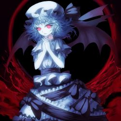 Rule 34 | 1girl, adapted costume, bad id, bad pixiv id, bat wings, dark, female focus, glowing, own hands clasped, hat, highres, kansou samehada, own hands together, pink eyes, remilia scarlet, short hair, solo, touhou, wings