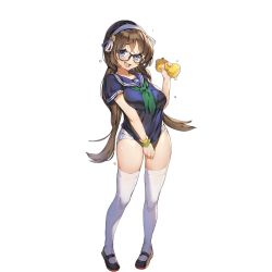 Rule 34 | 1girl, blue eyes, brown hair, full body, glasses, hairband, holding, kino books, long hair, looking at viewer, official art, open mouth, pigeon-toed, school uniform, serafuku, shirt tug, short sleeves, solo, sponge, swimsuit, swimsuit under clothes, thighhighs, transparent background, uchi no hime-sama ga ichiban kawaii, very long hair, white thighhighs, whoisshe