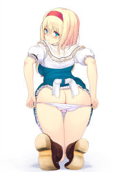Rule 34 | 1girl, alice margatroid, ass, bad anatomy, blonde hair, blue eyes, blush, boots, breasts, butt crack, capelet, clothes lift, dress, dress lift, from behind, hairband, kneeling, looking back, panties, panty pull, short hair, solo, touhou, twisted neck, underwear, uro (urotanc)