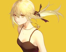 Rule 34 | 1girl, absurdres, artoria pendragon (all), artoria pendragon (fate), bare shoulders, black camisole, black ribbon, blonde hair, breasts, camisole, collarbone, commentary, cross, cross necklace, dress, expressionless, fate/grand order, fate (series), floating hair, hair between eyes, hair ribbon, highres, jesse (pixiv34586727), jewelry, long hair, looking at viewer, medium breasts, necklace, official alternate costume, ponytail, ribbon, saber alter, saber alter (ver. shinjuku 1999) (fate), simple background, sleeveless, small breasts, solo, spaghetti strap, upper body, yellow background, yellow eyes