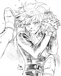Rule 34 | 1boy, ascot, bae (baebae), belt, blood, blood on face, cuffs, feet, foot focus, from above, graphite (medium), greyscale, handcuffs, highres, lio fotia, monochrome, multiple belts, nosebleed, on floor, promare, short hair, solo focus, traditional media, trap