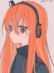 Rule 34 | 1girl, a.i. voice, adachi rei, alternate hair length, alternate hairstyle, black shirt, closed mouth, commentary request, expressionless, from side, hair between eyes, hair down, headlamp, headphones, highres, long hair, looking at viewer, looking to the side, orange eyes, orange hair, shirt, simple background, solo, turtleneck, twitter username, utau, yuyu no suke
