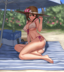 Rule 34 | 10s, 1girl, 2014, ;p, alternate costume, ass, barefoot, bikini, blush, breasts, brown hair, covered erect nipples, dated, day, feet, flower, front-tie top, full body, green eyes, hat, hat flower, highres, jewelry, kantai collection, large breasts, mutsu (kancolle), nail polish, navel, necklace, one eye closed, pink nails, qingmingtongzi, shade, short hair, side-tie bikini bottom, solo, strap gap, string bikini, sun hat, swimsuit, toenail polish, toenails, tongue, tongue out, umbrella, wink