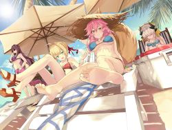 Rule 34 | 1girl, animal ears, barefoot, beach, blonde hair, bow, brown eyes, brown hair, chair, closed eyes, fate/grand order, fate (series), feet, flip-flops, foot focus, green eyes, hair bow, hair ribbon, hand on own hip, hat, kiyohime (fate), kiyohime (swimsuit lancer) (fate), long hair, looking at viewer, lounge chair, nero claudius (fate), nero claudius (swimsuit caster) (fate), pink hair, pov, ribbon, sandals, scathach (fate), scathach (fate), scathach (swimsuit assassin) (fate), soles, straw hat, sunglasses, swimsuit, tail, tamamo (fate), tamamo no mae (swimsuit lancer) (fate), toes